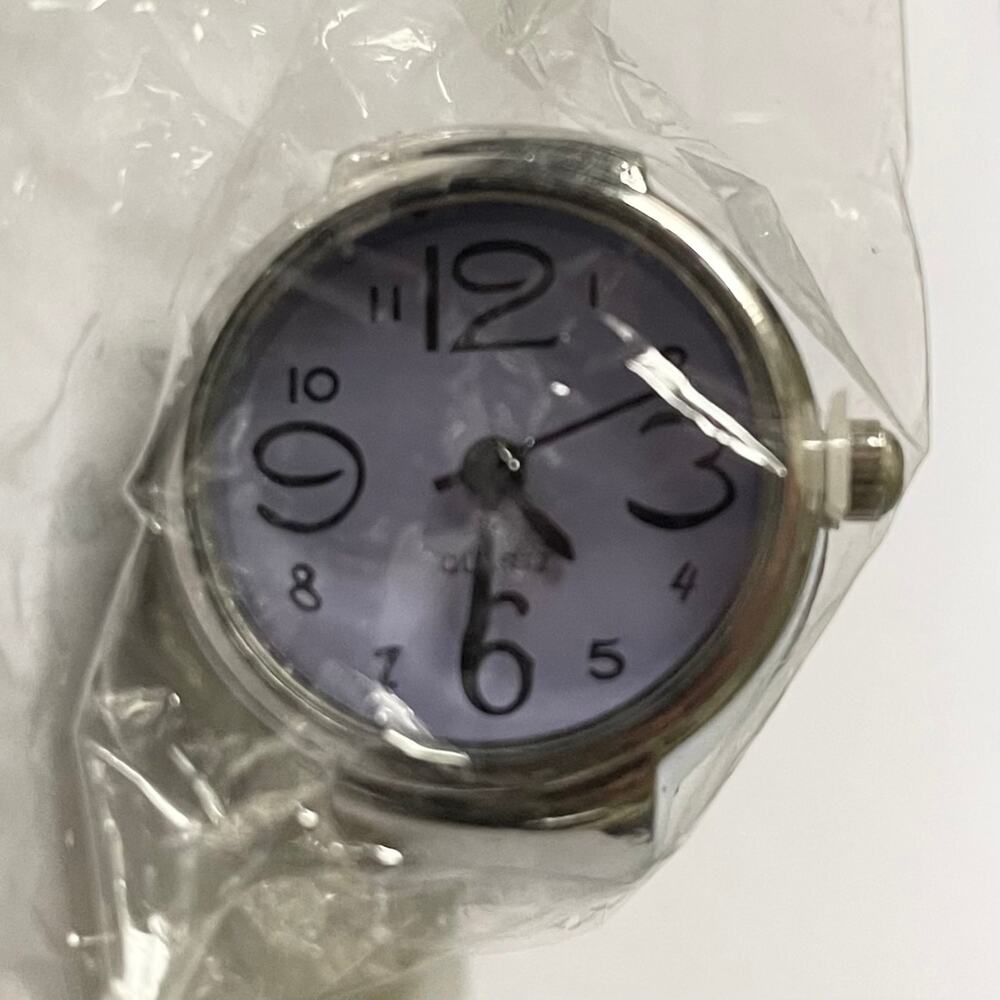 Retro Silver with Purple Stainless Steel Stretch Band Quartz Movement Ring Watch